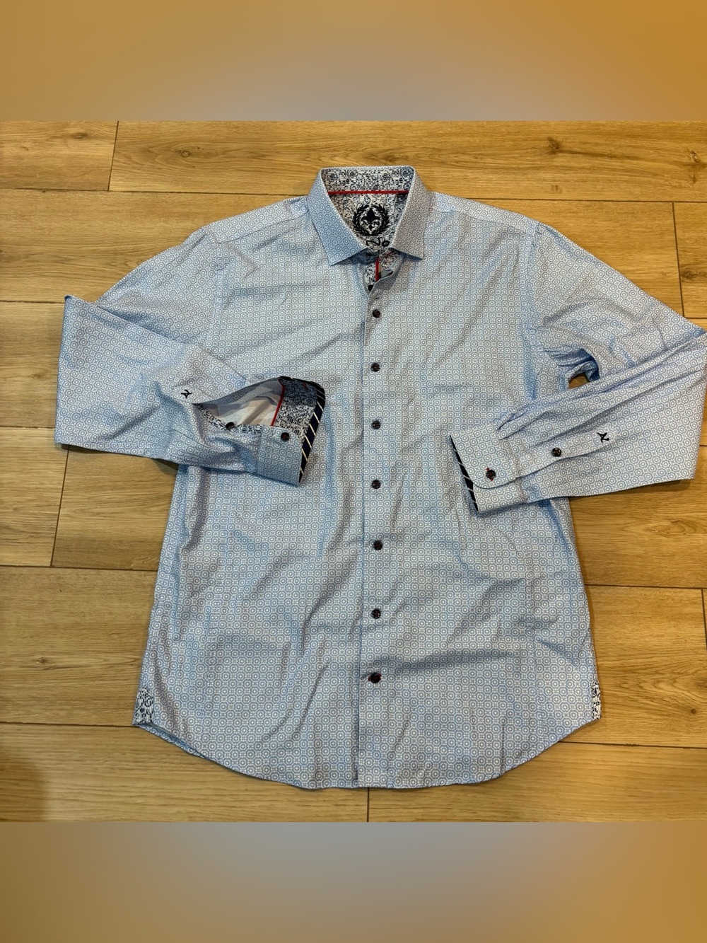 AU NOIR Dress Shirt 4 L Large Blue White Mosaic Geometric Flip Cuffs MINT